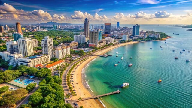 Overhead Angled Map Of Pattaya Beach In Thailand Showing Streets, Landmarks, And Bodies Of Water.