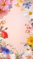A blank and light-colored background framed by an assortment of colorful flowers