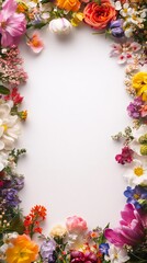 A blank and light-colored background framed by an assortment of colorful flowers