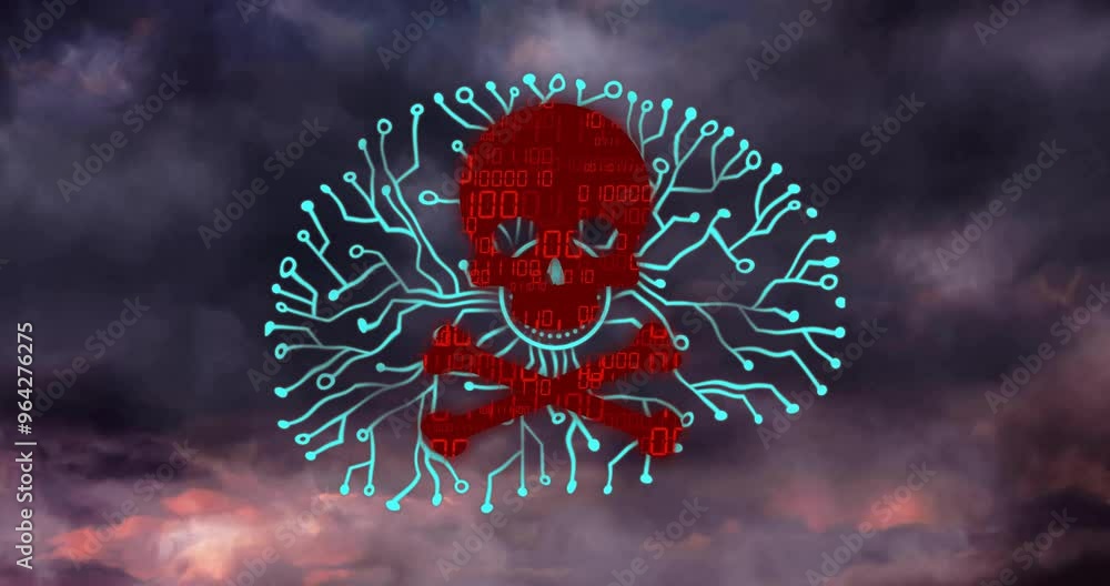 Poster red skull with binary code and circuit lines over stormy sky