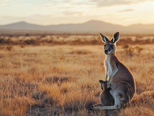 Kangaroo with Joey in the Expansive Australian Outback Wilderness