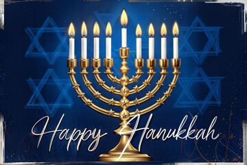 Golden Menorah with Lit Candles and Happy Hanukkah Text on Dark Blue Star of David Background