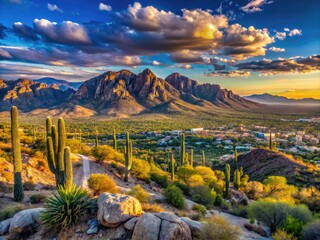 Obraz premium Panoramic Landscape Featuring The Rugged And Scenic Mountain Ranges Surrounding The City Of Tucson, Arizona, With Vibrant Desert Vegetation And Dramatic Rock Formations.
