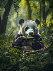 Obraz premium Panda Bear Feasting on Bamboo in a Verdant Forest Canopy with Diffused Natural Light