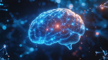 Futuristic Glowing Brain with Growing Neurons and Synapses in Hologram Style Illustration
