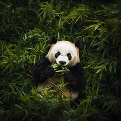 Naklejka premium Overhead View of Contented Panda Feeding on Bamboo in Thriving Forest