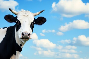 A black and white cow stands in a lush pasture, looking directly at the camera against a backdrop of clouds and a clear blue sky