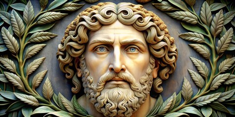 A classical depiction of Jupiter's regal head, encircled by an ornate wreath of laurel leaves, with piercing blue eyes and a stern expression.