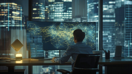 Fototapeta premium Person in an office at a computer, AI automating tasks like scheduling and emails with visualized connections on the screen