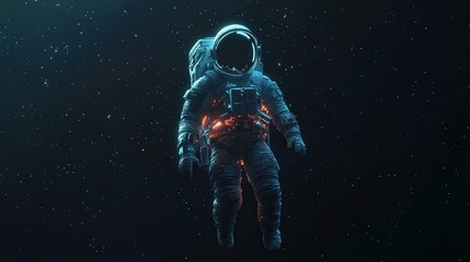 Astronaut in Cyberpunk Space: Solitary figure in neon spacesuit floating in deep shadows of endless void with glowing stars