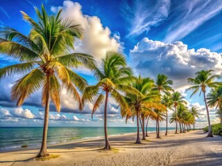 Obraz premium Panoramic View Of A Serene Florida Beach With Towering Palm Trees Swaying In The Gentle Breeze, Capturing The Idyllic Essence Of A Tropical Paradise.
