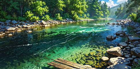 Obraz premium Pristine, crystal-clear river, meandering, lush banks, high quality, photorealistic, tranquil, peaceful, reflections, wilderness, scenic.