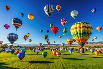 Panoramic View Of Colorful Hot Air Balloons Soaring Over A Grassy Field Against A Cloudless Blue Sky During The Renowned Albuquerque Balloon Festival.