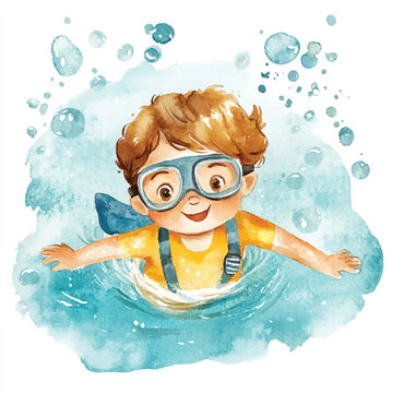 recommend clip art: cute kid playing diving watercolor clipart
