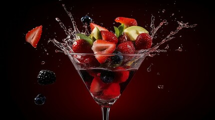 Fruit cocktail, the fruits are falling into the glass, causing a big splash.