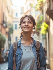 Portrait of cheerful young girl in a city street