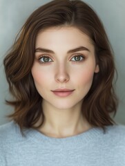 
Color photographic portrait of a 30 year old woman, looking directly into the camera, attractive.