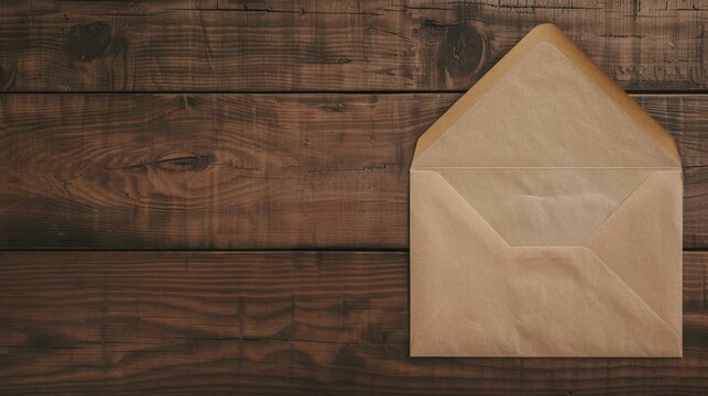 Open kraft envelope on dark wooden table � rustic communication concept