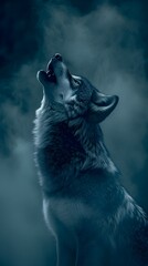 Naklejka premium Intense Gaze of a Wolf Howling in Moody Monochrome Fog of Night