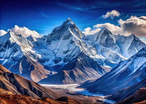 Panoramic View Of Snow-Covered Mountain Peaks Rising Majestically Against A Clear Blue Sky In The Himalayas.