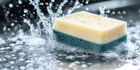 Kitchen sponge actively soaking up spilled water, splashes and drops water in motion, absorbing absorption