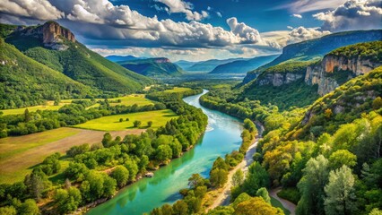 Naklejka premium Panoramic View Of The Gard River Flowing Through A Lush Green Valley With Mountains In The Distance