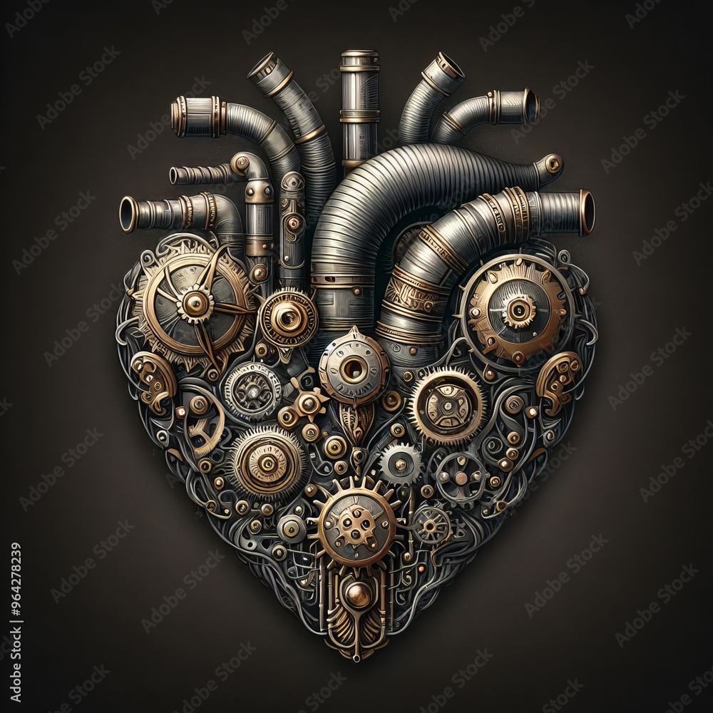 Poster an artistic steampunk heart created from various mechanical components, including gears, pipes, and 