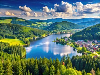 Fototapeta premium Panoramic View Of The Scenic Lake Titisee Surrounded By Lush Forests And Snow-Capped Mountains In The Black Forest