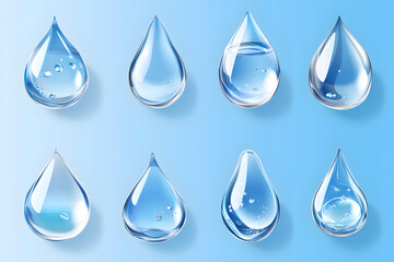 Realistic water droplets vector style set isolated on blue background	