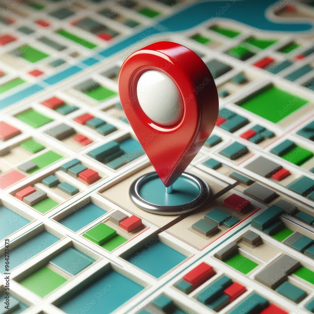 Poster a highly detailed 3d rendering of a city map with a prominent red location pin marking a specific po