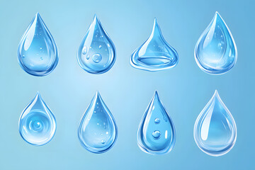 Realistic water droplets vector style set isolated on blue background	