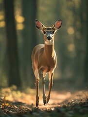 Powerful white tailed deer bounding through a sun dappled forest clearing with lithe and athletic