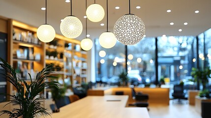 Features or foreground a are focus with spaced ceiling the desk is the round background light-colored modern possibly several that office and. evenly a in surface a a blurred table lights there space