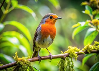 Perched Upon A Slender Branch Amidst Lush Greenery, A Solitary Avian Gazes Curiously At The World Below.