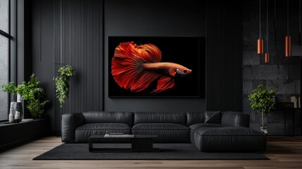 Gorgeous modern canvas showing flowing crimson and gilded betta fish with delicate shimmering details against a rich black backdrop, exquisite wall installation. Realistic photograph,