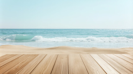 Wooden rectangular deck on sandy beach with ocean waves and clear sky in backdrop. Product display background with copy space.