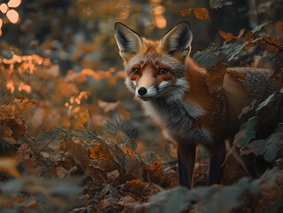 A red fox navigating through an autumnal foliage scene bathed in late afternoon sunlight