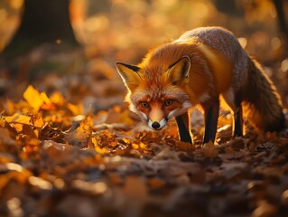 Naklejka premium A Red Fox Stalking Cautiously Through an Autumnal Forest Bathed in Warm Golden Light