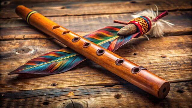 Portrait Of Traditional Andean Quena Flute With Condor Feather Decoration, Lying Diagonally On A Rustic Surface