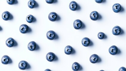 Blueberries scattered on a white background, in a seamless pattern, from a top view
