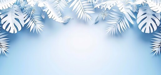 White paper tropical leaves on a light blue background. Minimalist summer floral design. Perfect for social media, website banners, or invitations.