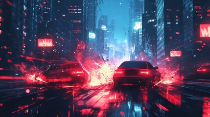 Cars crashing in a futuristic cityscape, neon lights with a warning message, flat design illustration