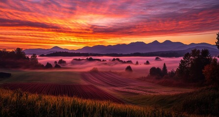 Obraz premium A captivating sunrise casts vibrant colors over a misty valley, highlighting fields and distant mountain peaks