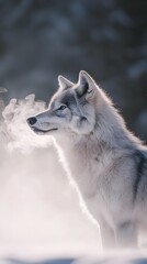 Obraz premium Majestic Grey Wolf Stands Amidst Snowy Wilderness at Twilight