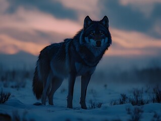 Naklejka premium Majestic Grey Wolf Stands Resolute in Wintry Cinematic Landscape