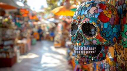 Fototapeta premium A mosaic Sugar Skull made of colorful tiles and glass shards, set against a bright Mexican marketplace with colorful stalls and decorations