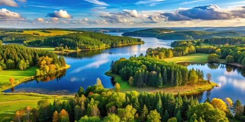 Naklejka premium Scenic Latvian Landscape With Lush Forests, Shimmering Lakes, And Rolling Hills Under A Blue Sky