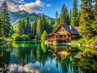 Fototapeta premium Scenic Nature Center With A Large Lake, Towering Trees, And A Charming Cabin Nestled Amidst The Wilderness