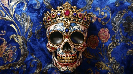 Fototapeta premium A regal Sugar Skull adorned with a crown of jewels and gold leaf designs, set against a royal blue velvet background with ornate patterns