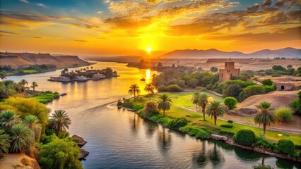 Obraz premium Scenic sunset over the majestic Nile River, Egypt's lifeblood, as it winds its way through lush green banks and ancient stone structures.